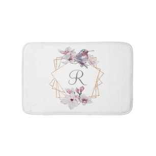 Tapete De Banheiro Moldura Dourada de Magnólias Brancas Rosa Monogram