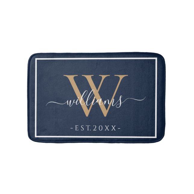Tapete De Banheiro Monogram Chic Gold Script Names Wedding Date Navy (frente)