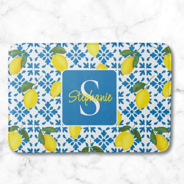 Tapete De Banheiro Monogram Name Blue French Tile Lemon Pattern  (Criador carregado)