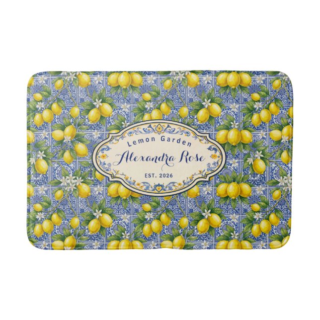 Tapete De Banheiro Monogram Name Lemon Blue French Country Tile  (Frente)