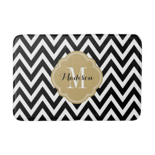 Tapete De Banheiro Monograma Chevron preto e Dourado