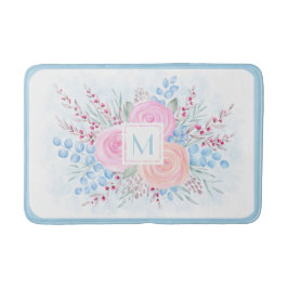 Tapete De Banheiro Monograma Cor de Água Buquê Rosas Rosa Azul Folhas