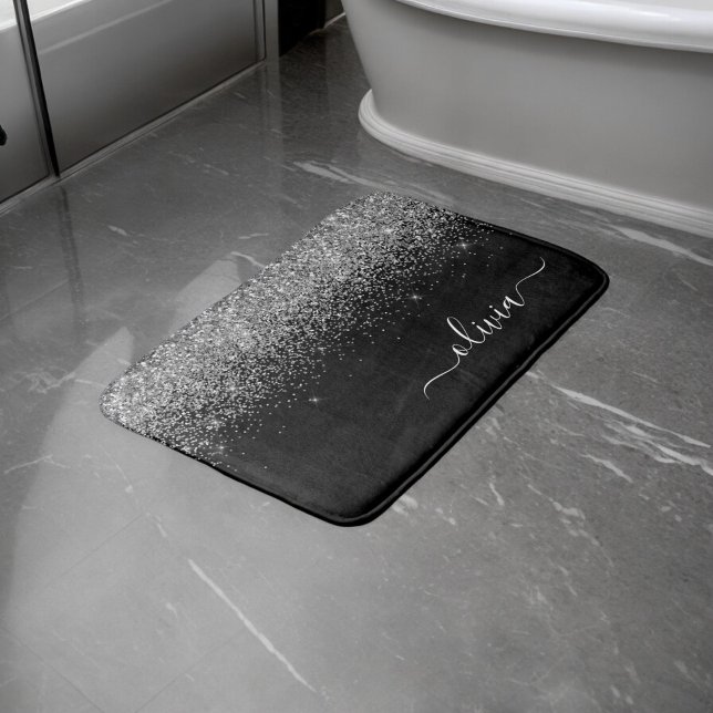 Tapete De Banheiro Monograma de Letra em Glitter Preto Prata Feminino (Criador carregado)