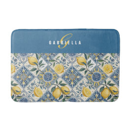 Tapete De Banheiro Monograma de Limão Aquarela Azul Amarelo