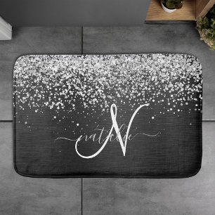 Tapete De Banheiro Monograma do Sparkle Preto com Glitter de Prata Pe