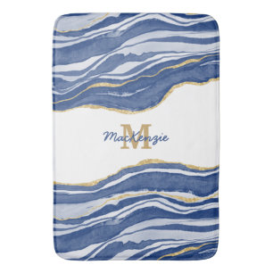 Tapete De Banheiro Monograma Dourado de Agitação Marble Azul