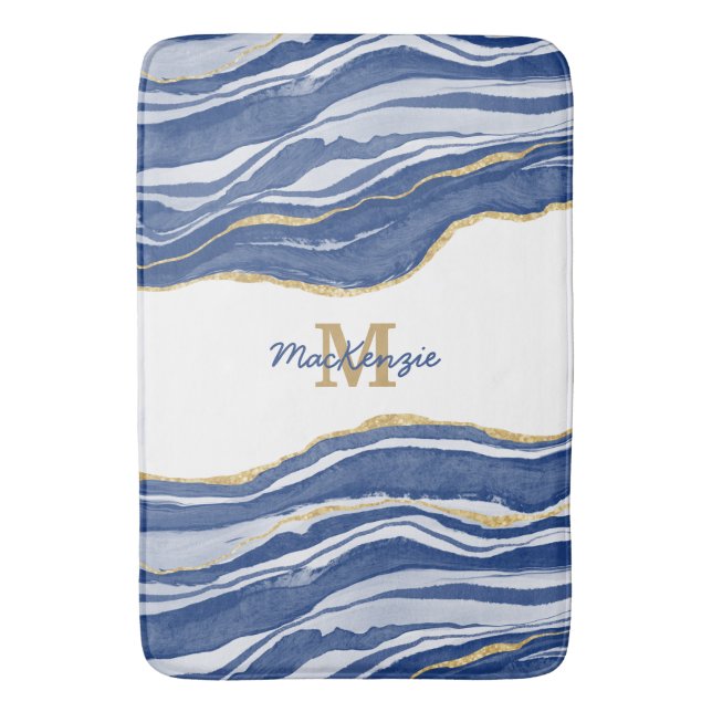 Tapete De Banheiro Monograma Dourado de Agitação Marble Azul (Frente Vertical)
