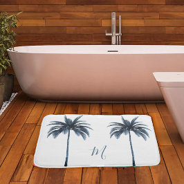 Tapete De Banheiro Monograma Elegante de Árvore Palm Azul Tropical