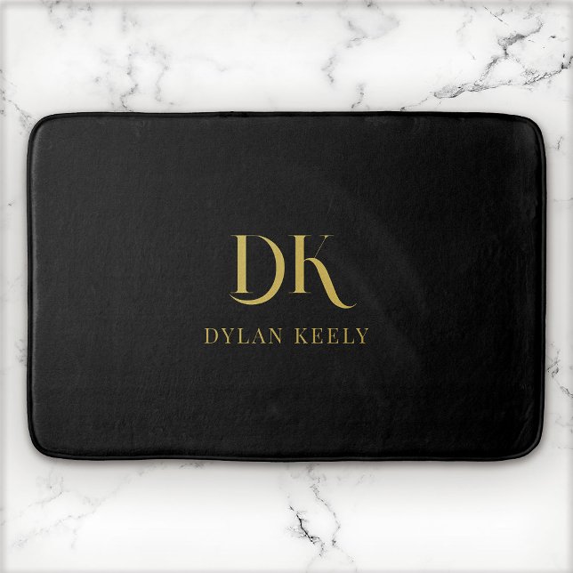 Tapete De Banheiro Monograma Elegante Mínimo, Na moda Dourado Preto (Criador carregado)