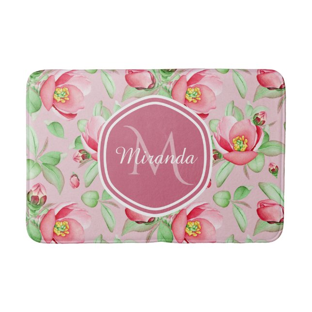 Tapete De Banheiro Monograma Flor de Maçã Rosa (Frente)