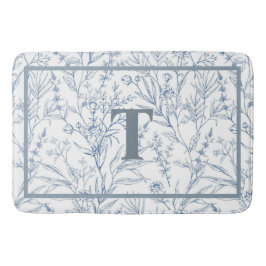 Tapete De Banheiro Monograma Floral Branco Azul-Algodão Francês