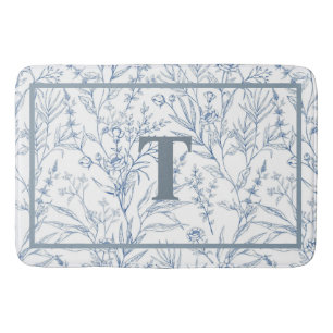 Tapete De Banheiro Monograma Floral Branco Azul-Algodão Francês