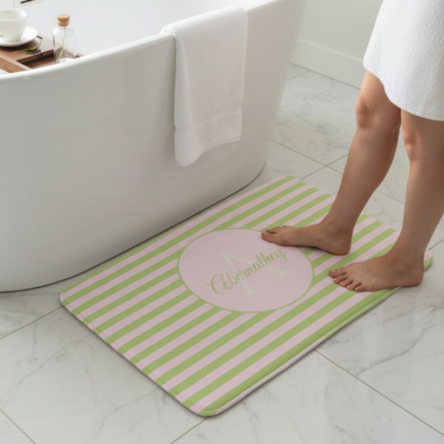 Tapete De Banheiro Monograma Inicial & Nome Listras Rosa Verde Pastel (Pastel pink and green striped background with template name & initial letter monogram bathmat.)