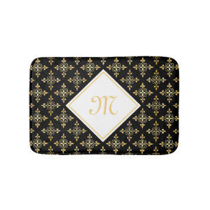 Tapete De Banheiro Monograma luxuoso preto e Quatre Dourado floral