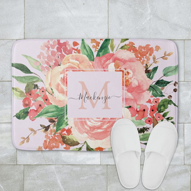 Tapete De Banheiro Monograma Moderno Blush Primavera Floral Rosa Flor (In situ bathroom floor)