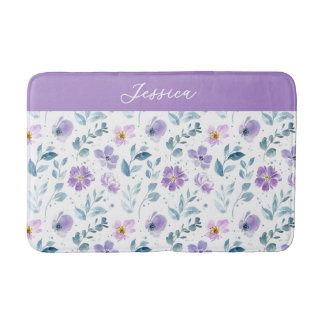 Tapete De Banheiro Monograma Nome Flor Silvestre Aquarela Roxo Verde