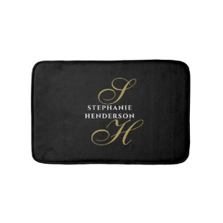 Tapete De Banheiro Monograma Preto Dourado Branco Minimalista Chique