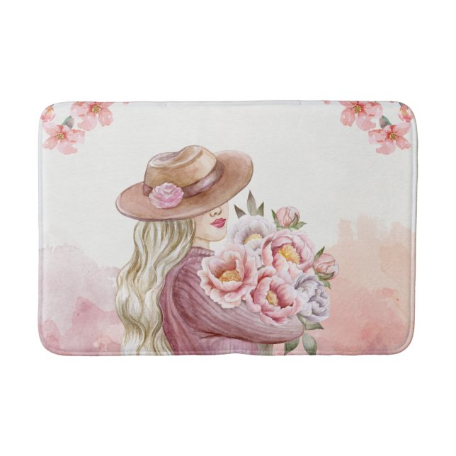 Tapete De Banheiro Mulher Elegante com Peonies Watercolor Impressão (Frente)