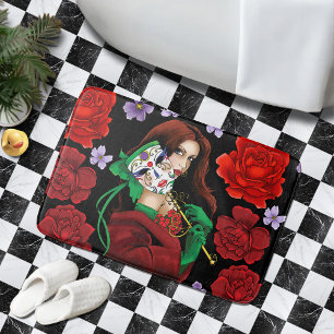 Tapete De Banheiro Mulher Elegante Máscara Veneziana Vermelho Verde