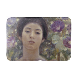Tapete De Banheiro Mulher Japonesa com Flores de Glória da Manhã Roxa