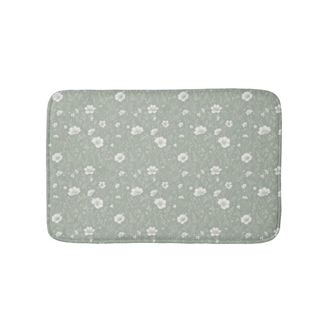 Tapete De Banheiro Muted Sage Green And White Wildflower Pattern (frente)