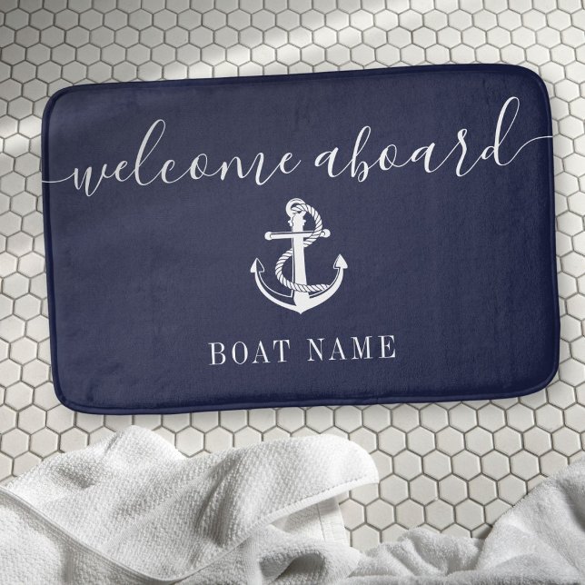 Tapete De Banheiro Náutica Anchor Boat Name Marinho Blue Welcome Aboa (Nautical Anchor Boat Name Navy Blue Welcome Aboard Bath Mat)