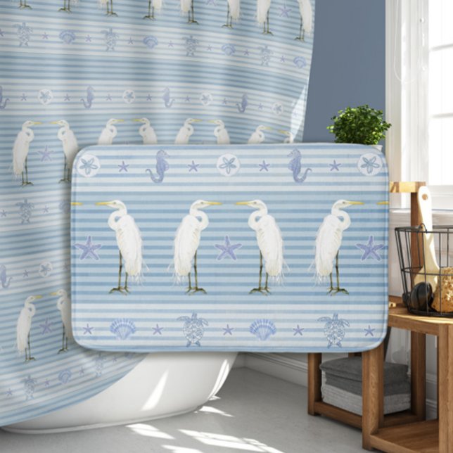 Tapete De Banheiro Nautical Sea Turtle Seahorse n Egret Blue Stripe (Criador carregado)
