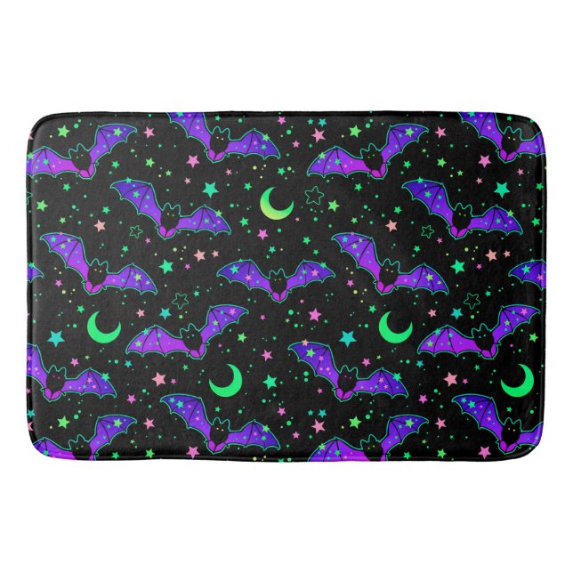 Tapete De Banheiro Neon Halloween Bats, Luas e Estrelas Bath Mat (Frente)