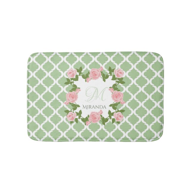 Tapete De Banheiro Nilo Verde Quatrefoil Rosa Monograma Rosa Rosa Com (frente)