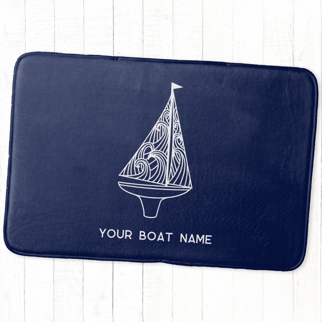 Tapete De Banheiro Nome da embarcação à vela Azul Marinho náutico (Personalized boat name sailing boat or yacht navy blue bath mat)