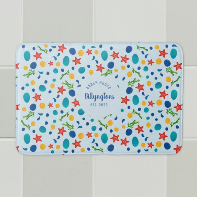 Tapete De Banheiro Nome da família do oceano nome da praia casa do ma (Custom holiday home beach sea collage bathroom mat with personalized name, year.)