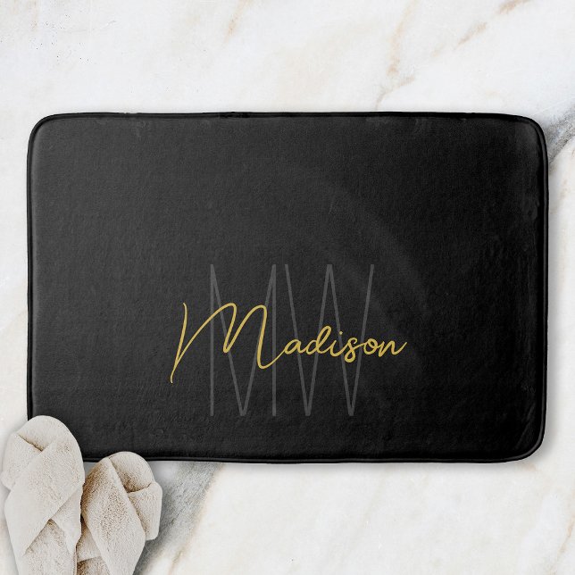 Tapete De Banheiro Nome do Monograma Moderno - Script Preto (Modern Monogram Name Script Black Gold Bath Mat)