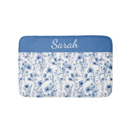 Tapete De Banheiro Nome Floral de Flor Silvestre de Aquarela Azul Per