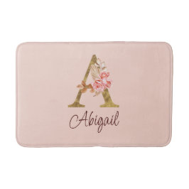 Tapete De Banheiro Nome Personalizado Folha de Ouro Blush Rosas Rosa