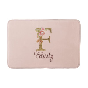 Tapete De Banheiro Nome Personalizado Letra F Dourado Folha Rosa Cor-