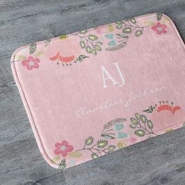 Tapete De Banheiro Nome personalizado monograma feminino floral rosa