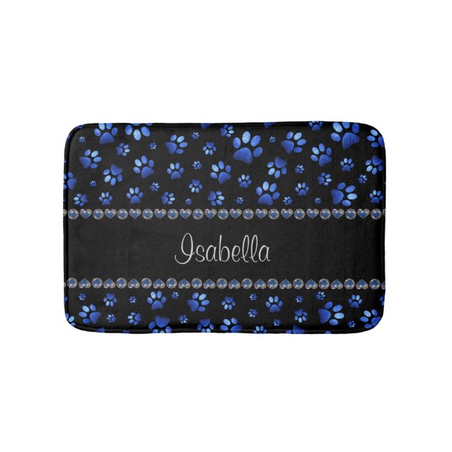 Tapete De Banheiro Nome personalizado, patas de cão com brilho azul (frente)