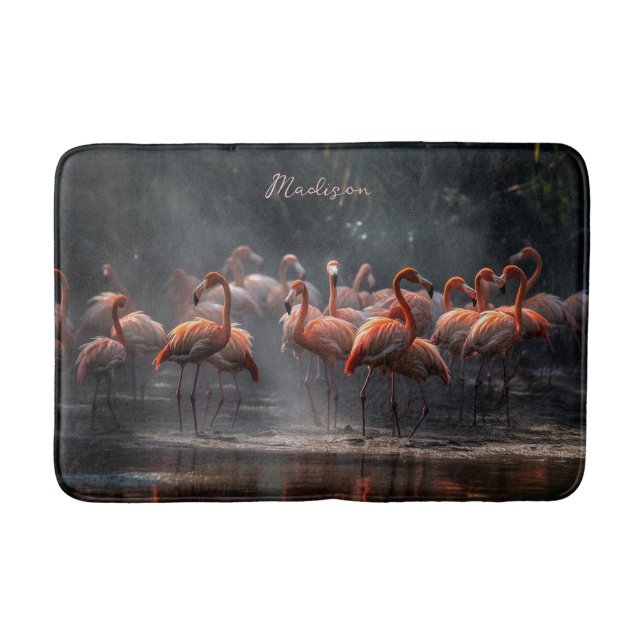 Tapete De Banheiro Nome personalizado Tropical Flamingos (Frente)