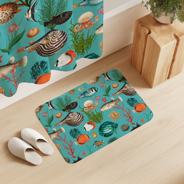 Tapete De Banheiro Oceania Colorful Fishes on Turquoise Background (Criador carregado)