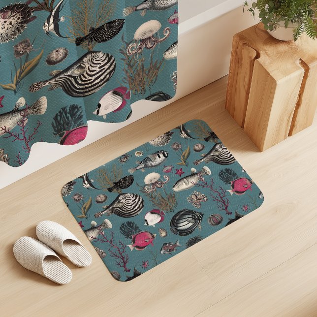 Tapete De Banheiro Oceania Fuchsia Grey Fishes on Blue Background (Criador carregado)