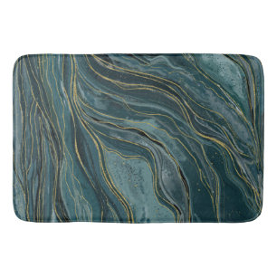 Tapete De Banheiro Ondas Abstratas de Aquarela Azul Teal Dourado