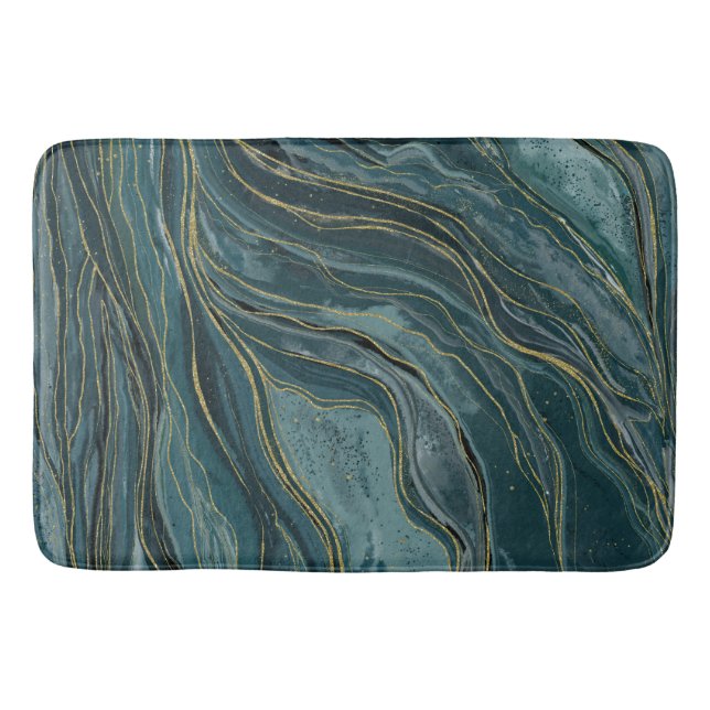 Tapete De Banheiro Ondas Douradas de Abstrato de Aquarela Azul Teal (Frente)