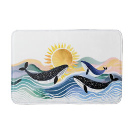 Tapete De Banheiro Ondas felizes e Baleias Azuis Aquarela