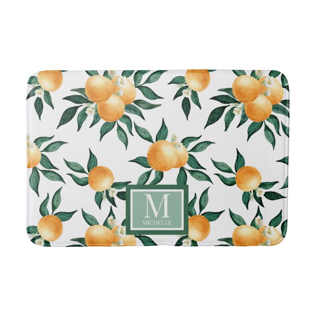 Tapete De Banheiro Orange Citrus Watercolor Monogram Name (Frente)