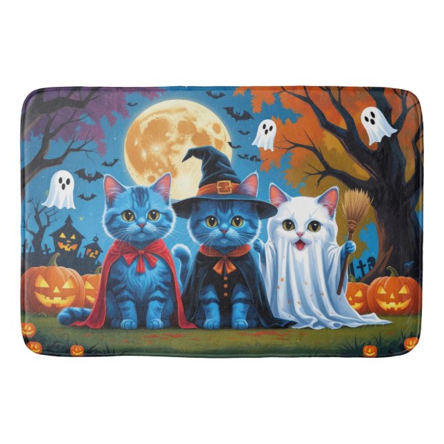 Tapete De Banheiro Oriental Blue Cats Pumpkin Halloween Engraçado (Frente)