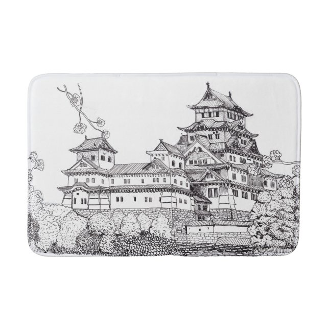 Tapete De Banheiro Ósaka Castle Japão - Ilustração Branca Negra (Frente)