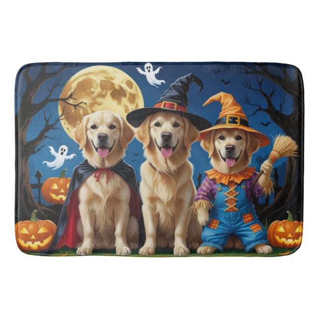Tapete De Banheiro Ouro Retriever Cães Abóbora Pumpkin Halloween Engr (Frente)