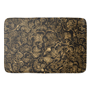 Tapete De Banheiro Padrão Barroco Floral Dourado em Preto