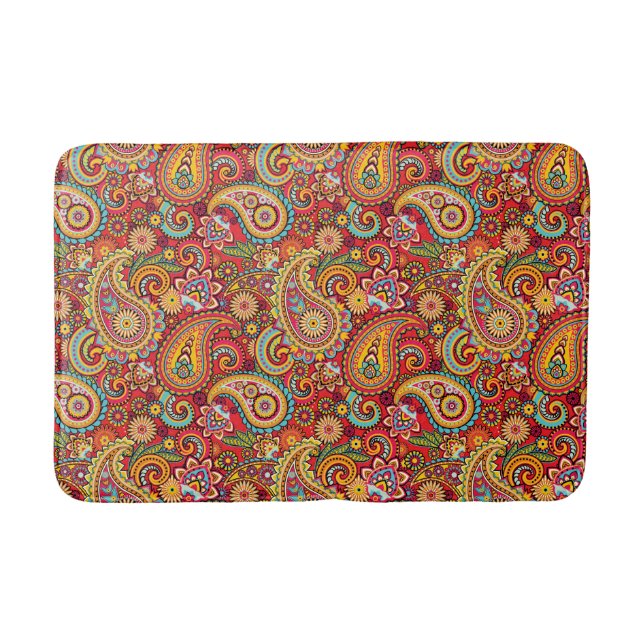 Tapete De Banheiro Padrão boêmico vermelho brilhante Floral paisley (Frente)
