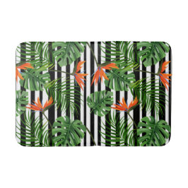 Tapete De Banheiro Padrão Botânico Listrado de Monstera Tropical